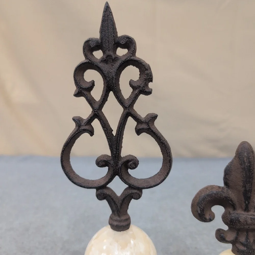 Cast Iron and Stone Fleur-de-Lis Scrollwork Finials Set of 2 Brown Cream - Picture 5 of 8